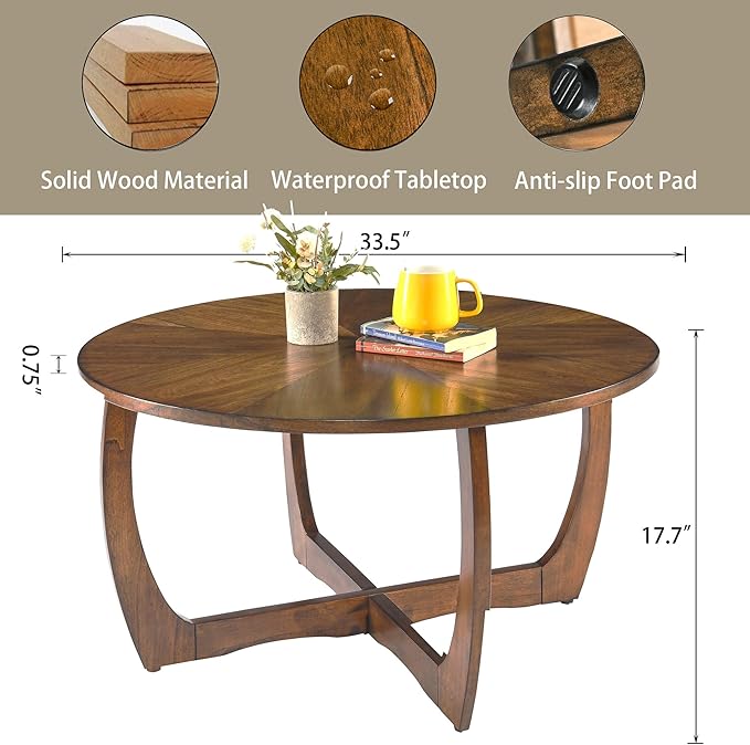 LEEMTORIG Round Wood Coffee Table, Mid Century Modern Round Walnut Coffee Tables for Living Room, 33.5" Dia. Circle Drum Coffee Table with Cross Legs, Easy Assembly, Brown Walnut KFZ-3223