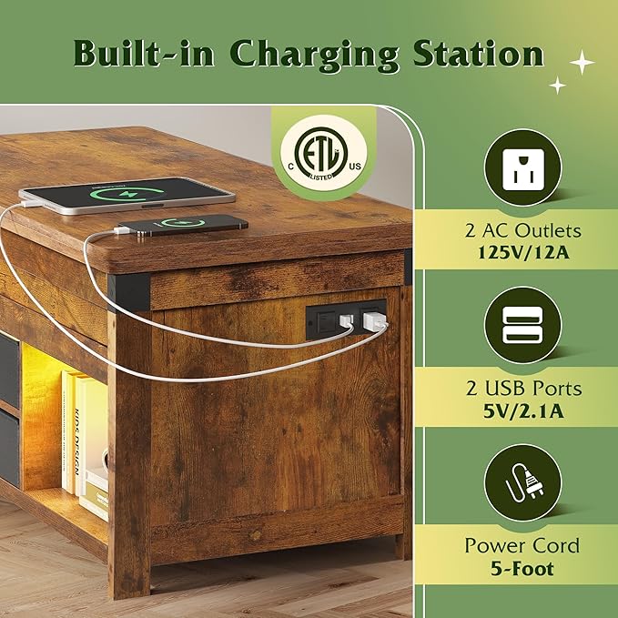 WLIVE 40" Lift Top Coffee Table, 4 in 1 Coffee Tables with Storage, 2 Fabric Drawers, LED Light and USB, Modern Coffee Table with Hidden Compartment for Living Room, Dining Room, Rustic Brown