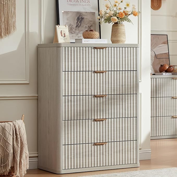 LEYAOYAO Fluted 5 Drawers Dresser Set of 2, 41" Tall Modern Chest of Drawers with Metal Handle, Curved Profile Dresser TV Stand, Wooden Drawer Organizer for Bedroom, Living Room, Hallway, Lightgrey - Image 2