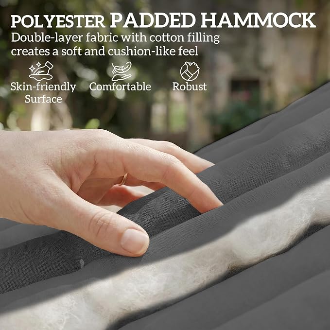 Outsunny Outdoor Hammock, 2-Person Hammock with Head Pillow and Pad, Wood Spreader Bars, 440 lbs Capacity, for Patio Yard Garden, 128" x 55", Gray - Image 3