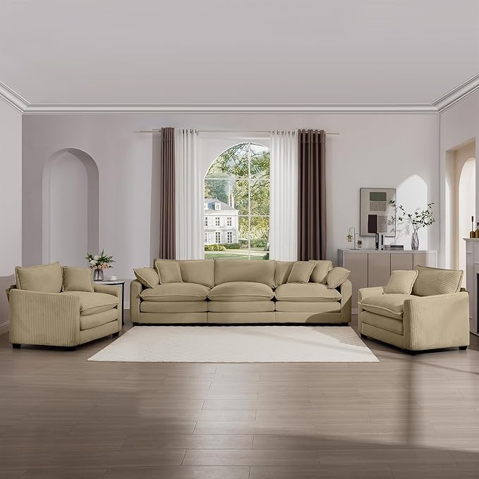 KEIKI 3-Piece Sofa Set with 1 Oversized Corduroy 3-Seater Sofa & 2 Single Sofa, Upholstered 5-Seater Couch Set with 7 Pillow, High-Density Foam Cushions, Removable Armrests, for Living Room, Tan