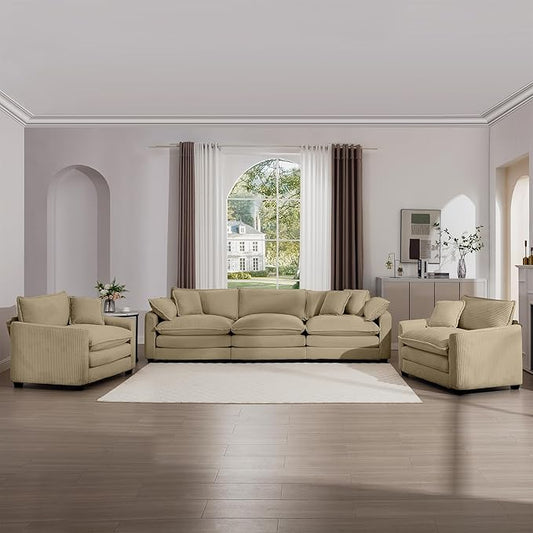 KEIKI 3-Piece Sofa Set with 1 Oversized Corduroy 3-Seater Sofa & 2 Single Sofa, Upholstered 5-Seater Couch Set with 7 Pillow, High-Density Foam Cushions, Removable Armrests, for Living Room, Tan
