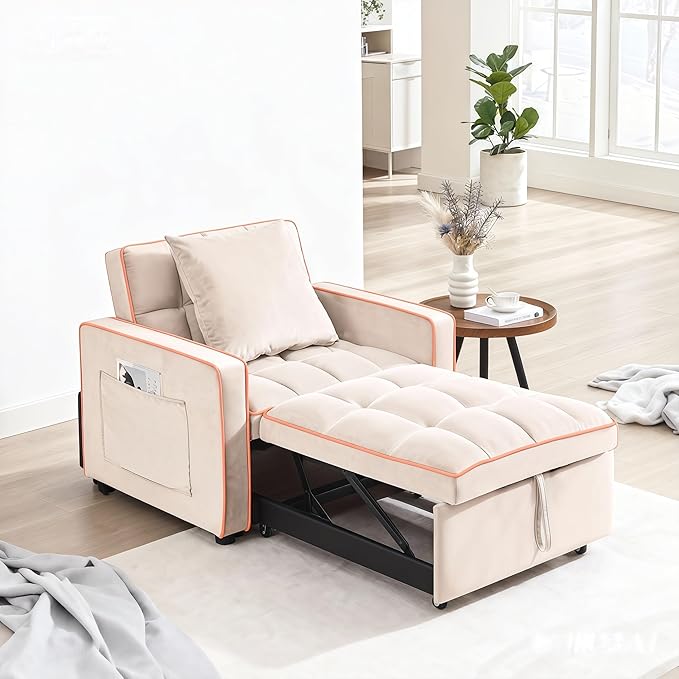 Convertible Sleeper Chair, Pull Out Chair Sleeper with Pillow, Chairs Bed Sleepers for Adults, 3 in 1 Sofa Bed Chairs for Small Spaces, Living Room, White