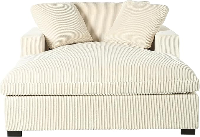 Christopher Knight Home Larrz Oversized Chaise Lounge Chair Indoor, Corduroy Upholstered Sleeper Sofa Couch, Durable Wood Frame, Deep Seat Reading Chair with 2 Throw Pillows and Armrests, Beige