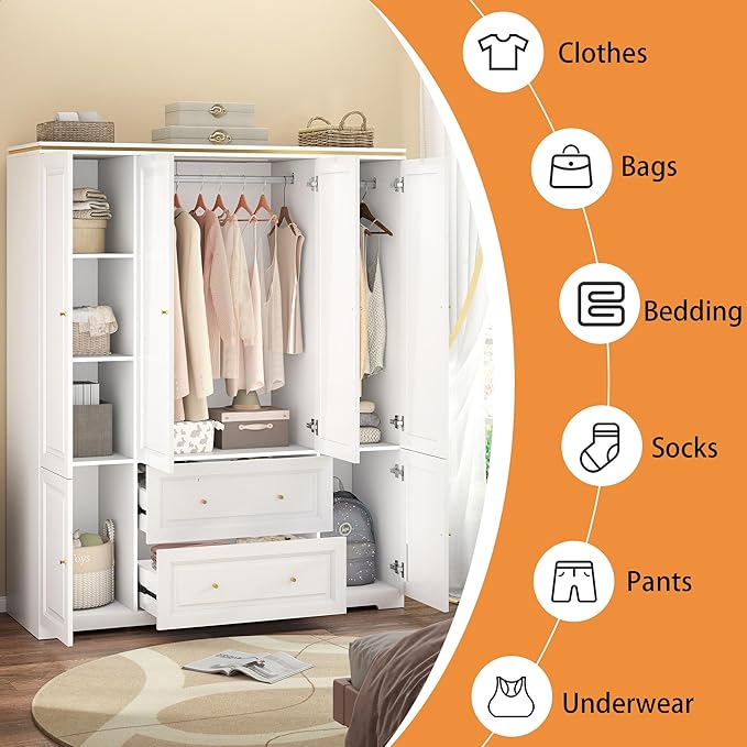 White Armoire Wardrobe Closet with Drawers: Wardrobe Closet for Hanging Clothes, Modern Bedroom Armoires with Hanging Rod, Wardrobes Closets with 4 Doors and Shelves (White, 59")