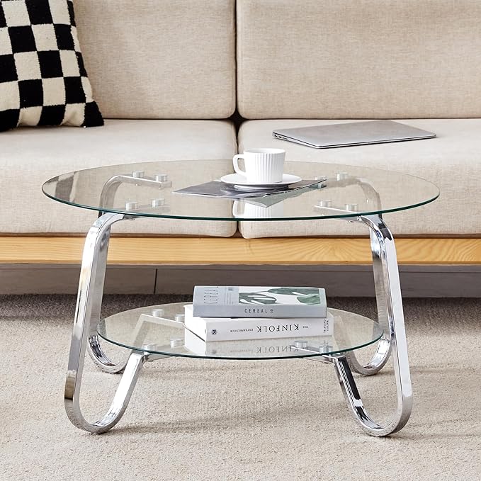 Glass Round Coffee Table for Living Room, 31.5 Inch Tempered Glass Top & Sturdy Metal Frame with Storage Shelf, Modern Small Center Table with 200lb Capacity, Quick & Easy Assembly