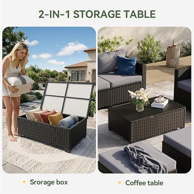 Aoxun 10 Piece Outdoor Patio Furniture Set 9 Seats, Outdoor Sectional with Thick Waterproof Cushions & Storage Coffee Table, Patio Conversation Sets for Garden,Backyard, Porch, Balcony, Deck, Gray