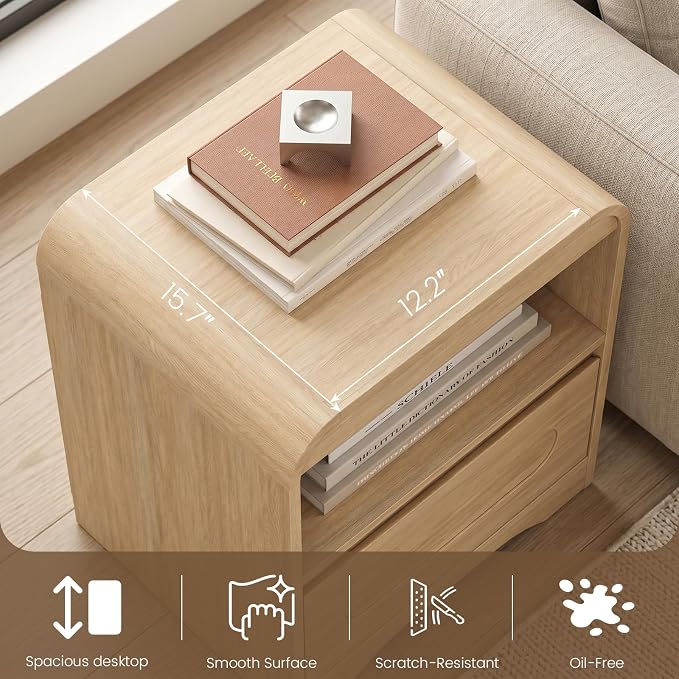 Wood Nightstand Set of 2, Modern Night Stand with Drawers, Oak Nightstand, 22" Bedside Side Table with Open Storage, Curved Corners, Hidden Handle, Night Stands End Table for Bedroom Sofa Couch - Image 6