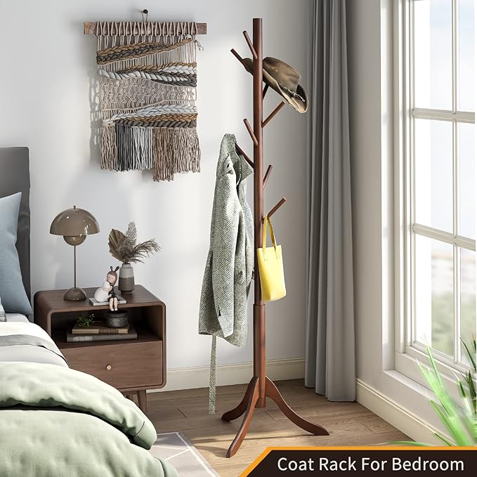 Coat Rack Freestanding, Coat Stands Entryway, Bamboo Coat Rack Hat Hanger 8 Hook for Jacket, Purse, Scarf Rack, Umbrella Tree Stand (Brown) - Image 4