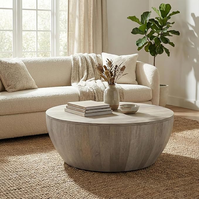 SIMPLIHOME Elmbrook Coffee Table - 34 inch Wide Solid Mango Wood Modern Industrial Round Drum Cocktail Table in Weathered White, Sculptural Living Room Table with Low Profile Design, Assembled