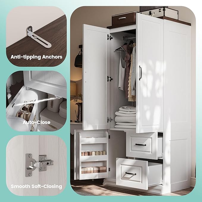 ANCTOR Wardrobe Closet with Drawers, 71.1" H Tall Wooden Armoire with 2 Doors and Hanging Rod for Hanging Clothes, Freestanding Wardrobe Storage Cabinet, Stand Alone Clothing Organizer Closet, White
