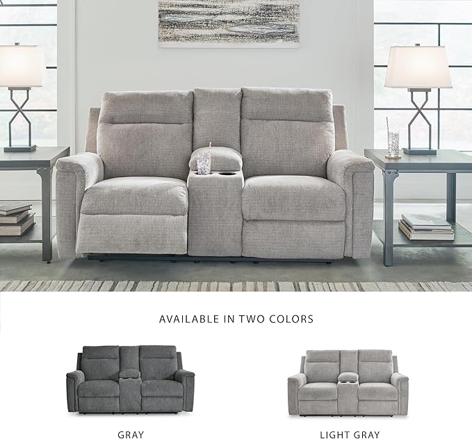 Signature Design by Ashley Barnsana Minimalist Power Reclining Loveseat with Console and USB Charging Ports, Light Gray