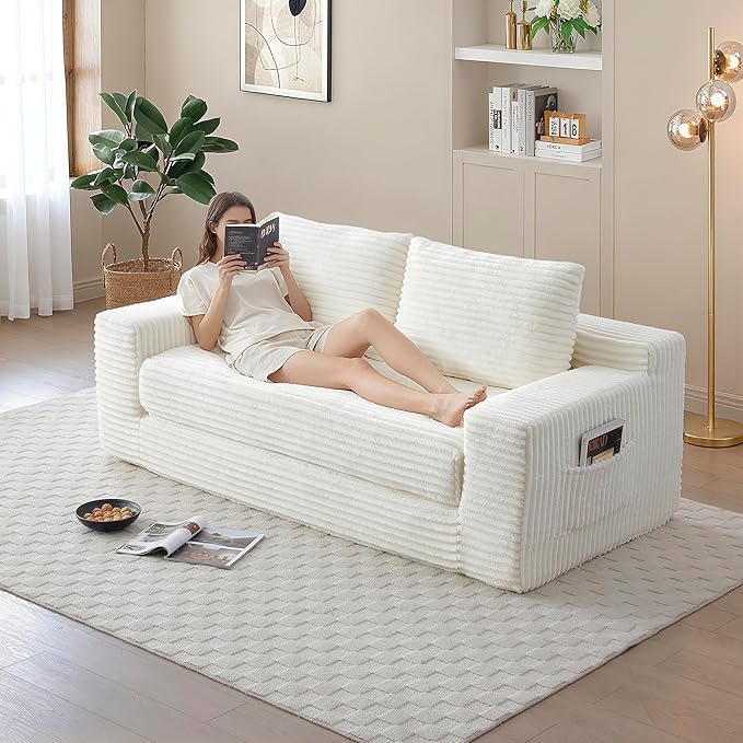 73" Convertible Sofa Bed, 2 in 1 Corduroy Folding Couch with Pillows, No Assembly Boneless Compression Sofa in Box, Loveseat with Side Storage Pocket for Apartment, Living Room, Beige