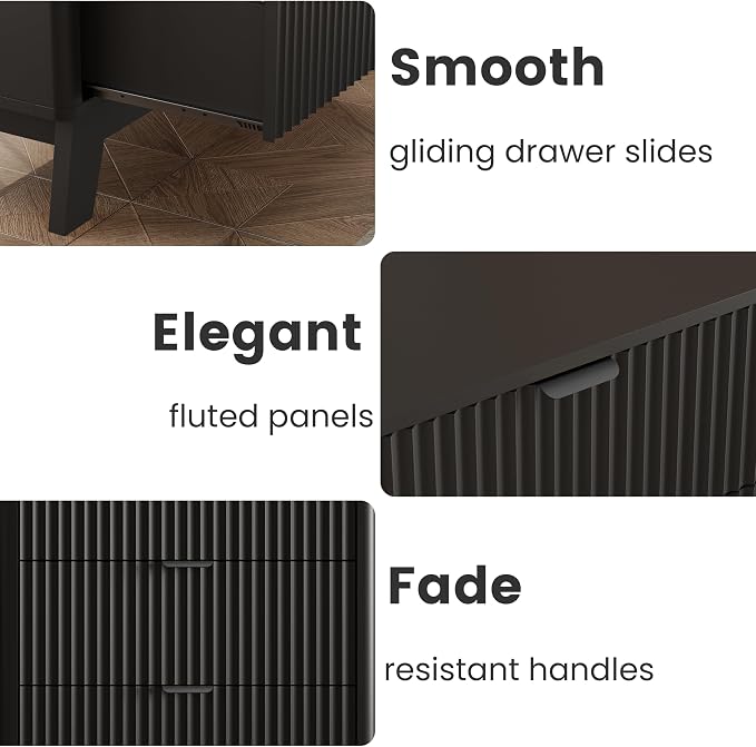 Wodeer Night Stands for Bedrooms Set of 2, Mid Century Modern Wood Bedroom Nightstand with 3 Drawers, Bedside Tables & End Tables with Metal Handles, Farmhouse Night Stands for Bedroom, Black - Image 7
