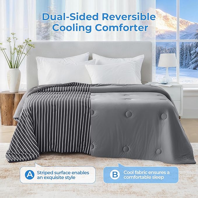 Pinstripe Cooling Comforter King Size, Q-Max 0.45 Reversible Striped Cooling Blanket for Hot Sleepers, Breathable Lightweight Silk Smooth Summer Bedding, Quilted Ice Blanket, Dark Gray