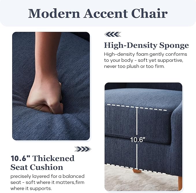 Accent Chair for Living Room,No Assembly Upholstered Mid Century Modern Comfy Tufted Armchairs with Wooden Legs,Sofa Chairs for Bedroom, Reading Waiting Room Apartment Dark Blue