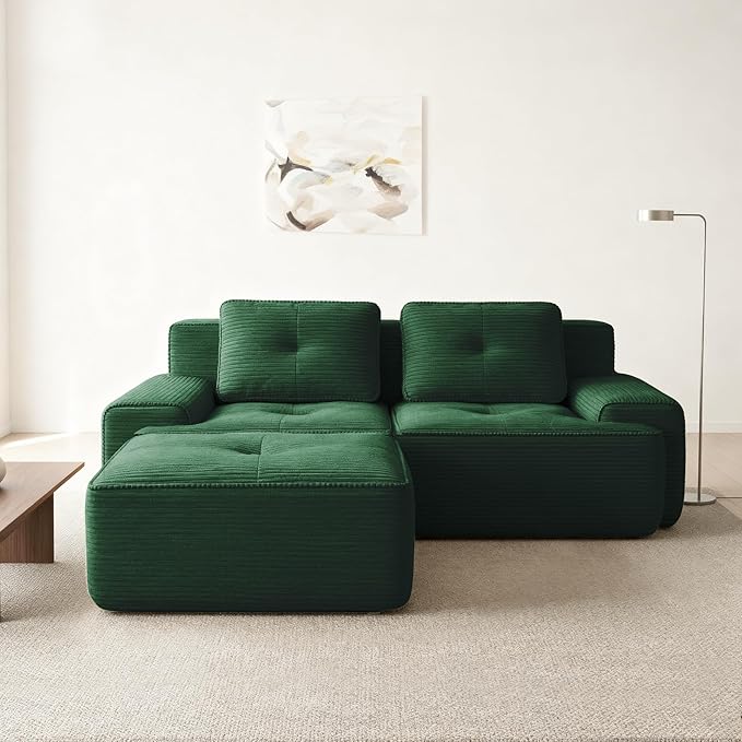 Casaphoria 80" Green Corduroy Cloud Couch, Boneless Modular Sectional Sofa for Living Room with Deep 2-Seat & 1-Ottoman, L Shape Cloud Couch No Assembly Required