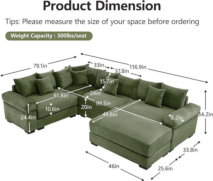 KEIKI 117" U-Shaped Oversized Corduroy Modular Cloud Sectional Sofa with 1 Ottoman, High-Density Foam Cushion, Extra-Thick Armrest, 4-Seater Fluffy Corner Couch with 14 Pillow, for Living Room, Green