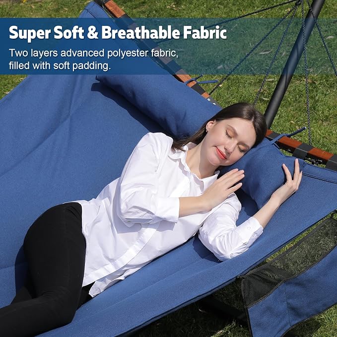 TegerDeger 12FT 2 Person Hammock Large Hammock 450LB Capacity with V Shaped Hardwood Spreader Bar & Nylon Rope for Outside, Patio, Garden, Backyard, Beach, Poolside - Blue - Image 2
