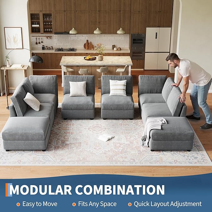 GAOMON Oversized Modular Sectional Sofa, 8 Seater Sectional Couch, 138" U Shaped Sofa with Movable Ottoman, Convertible Modular Couch for Living Room Apartment and Office, Chenille Grey