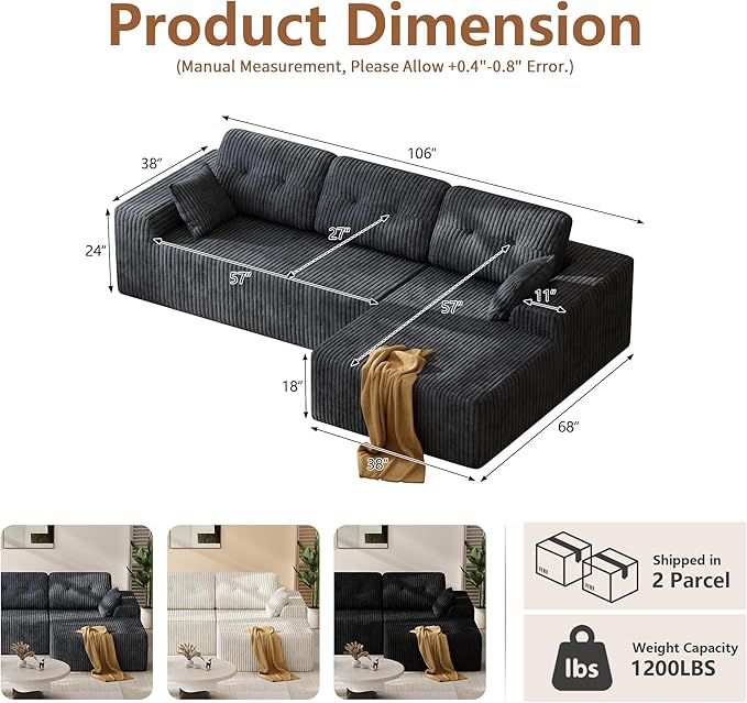 Ball & Cast 106" Modular Sectional Sofa, Convertible Cloud Couch with Deep Seat, Boneless L-Shaped Sectional, Flexible Modular Combination for Living Room, No Assembly (Gray, Right Facing Chaise)