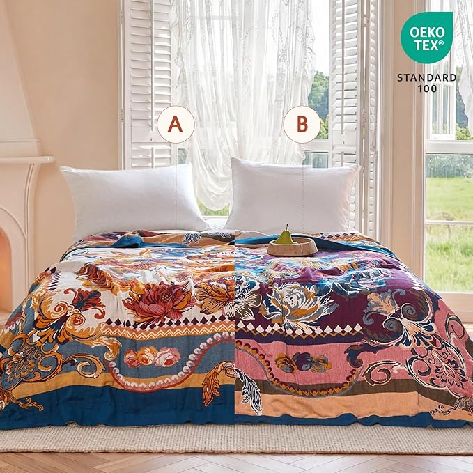 Boho Throw Blanket - 60"x80" 100% Cotton Ultra Soft Lightweight Spring Blanket, 4-Layer Breathable Muslin Blankets for Bed Couch, Reversible Yellow Floral Printed Bohemian Cotton Quilt