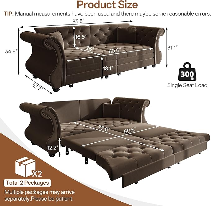Eafurn Oversized 3-Seater Chesterfield Loveseat Convertible Queen Size Sleeper Couch Bed,Classic Tufted Velvet Pull Out Loveseat Sofa Bed with Roll Armrest and Solid Wood Legs
