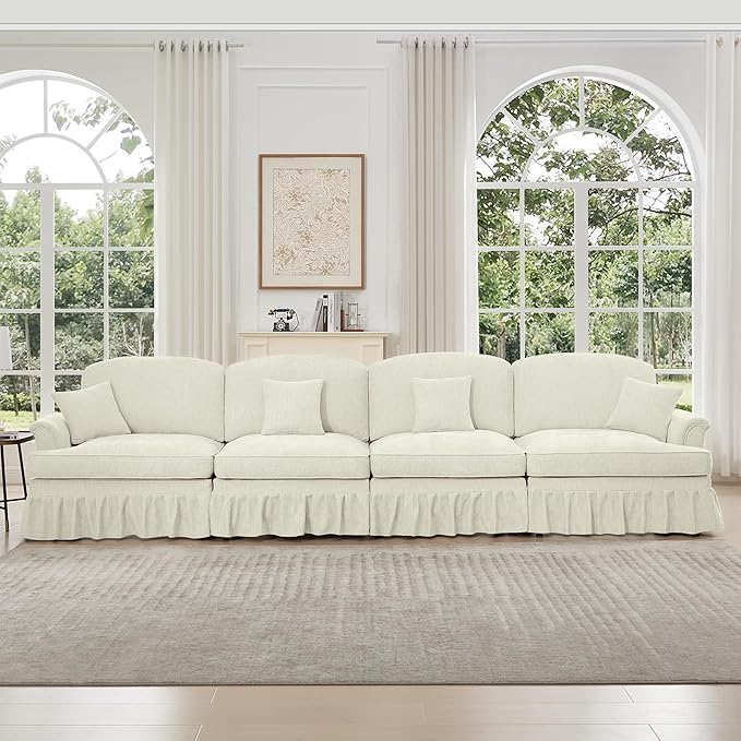 KEIKI Mid Century Modular Sofa with Flared Arms and Skirted Design, 137“ Oversized 4-Seater Luxury Chenille Sectional Couches for Living Room, Big Comfy Couch Bedroom Furniture, Beige White