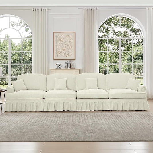 KEIKI Mid Century Modular Sofa with Flared Arms and Skirted Design, 137“ Oversized 4-Seater Luxury Chenille Sectional Couches for Living Room, Big Comfy Couch Bedroom Furniture, Beige White
