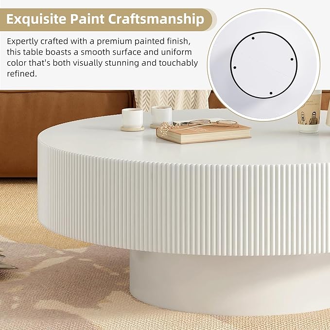 Merax Modern 35.4 Inch Round Large Coffee Table with Sturdy Base, Wood Center Table with 6.8" Thick Tabletop for Living Room Reception Room, Easy Assemble, White