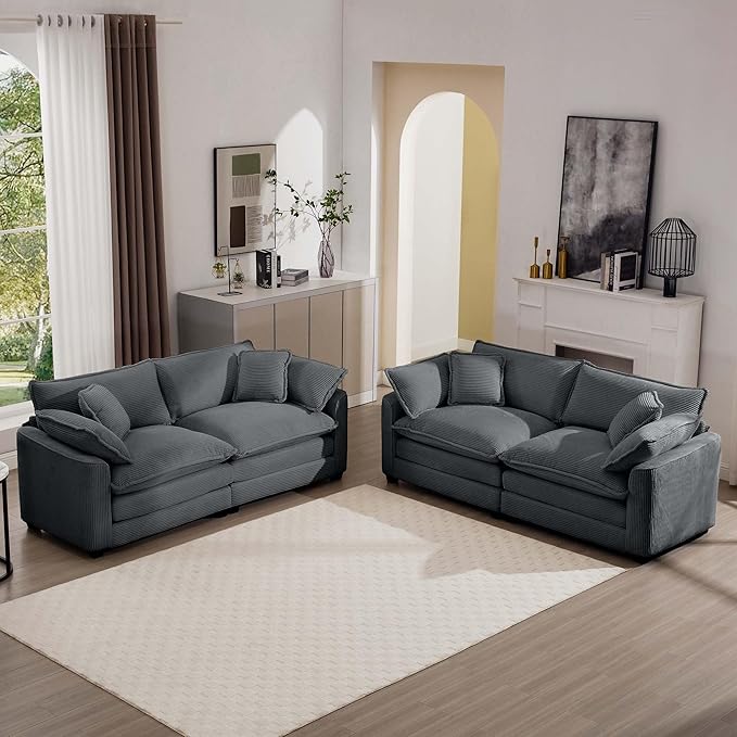 KEIKI 2-Piece Sofa Set with 2 Oversized Corduroy Loveseat Sofa, Upholstered Modern 4-Seater Corner Couch Set with 8 Pillow, High-Density Foam Cushions, Removable Armrests, for Living Room, Grey