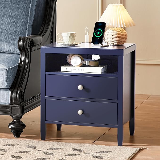 Huuger Blue Nightstand Set of 2, Night Stand with Charger Station, Bedside Table with 2 Drawers, Bed Side Tables for Bedroom, Modern Nightstands, Metal Knobs, Painted Surface - Image 5