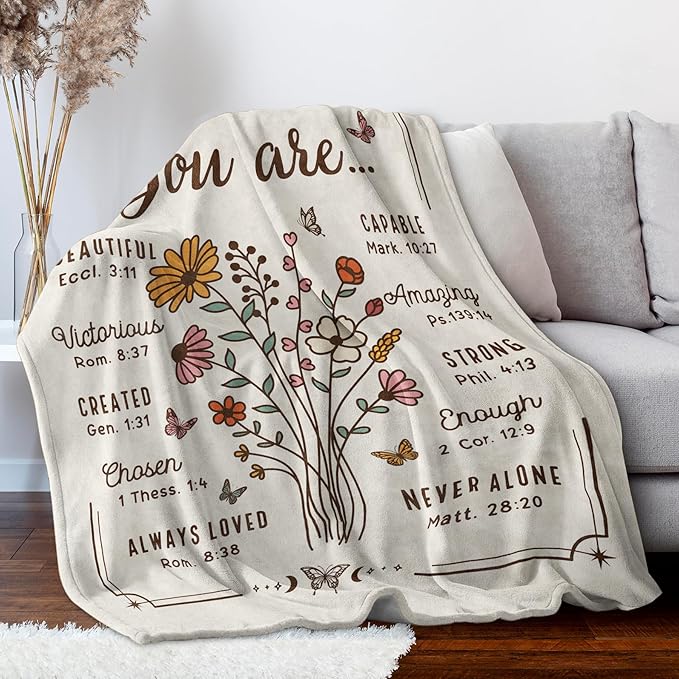 Christian Gifts for Women, Christian Floral Throw Blanket, Birthday Religious Gifts for Women Friendship, Inspirational Scripture Faith Gift for Friend, Sister, Mom, Daughter (60'' x 80'', Beige)