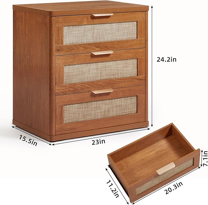LEYAOYAO Rattan Night Stand with Drawers, 23" Large 3 Drawer Boho Nightstand, Natural Wood Bedside Table Storage Cabinet, Bed Side End Tables Dresser for Bedroom, Living Room, Hallway, Closet - Image 3