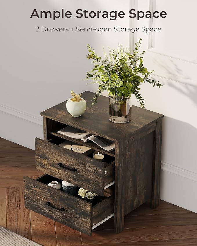 Farmhouse Nightstand Set of 2, Rustic Nightstand with 2 Drawers, Wood End Table with Open Shelf, Side Table for Bedroom, Dark Brown - Image 3