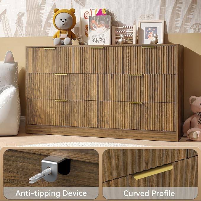 7 Drawer Dresser and Nightstand Sets, 3 Pcs Bedroom Set for Bedroom, Fluted Night Stand Set of 2 & 55" Wide Dresser w/Gold Handles, Mid Century Wood Chest of Drawers Storage Set, Walnut
