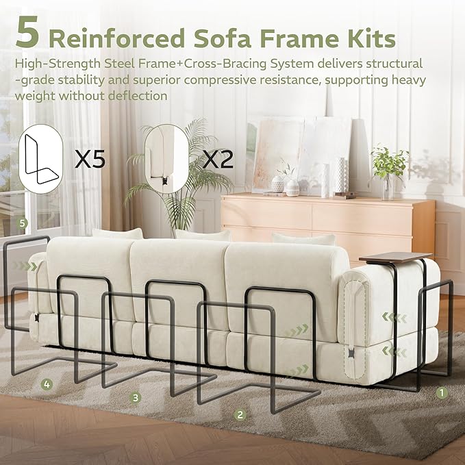 100" Convertible Sleeper Sofa Bed, Oversized Modular Sectional Cloud Sofa with Fixed-Shape Frame & Tabletop, Boneless Couch with Storage Pocket for Living Room, No Assembly Required, Beige