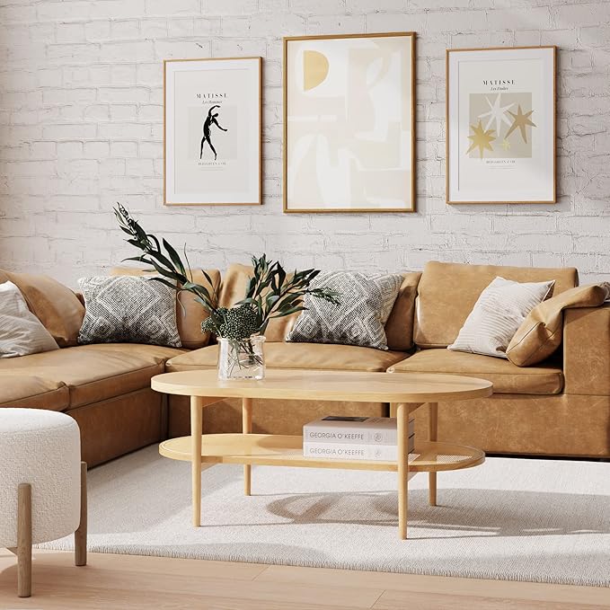 Nathan James Sonia Coffee Table with Storage Shelf, Light Wood/Rattan