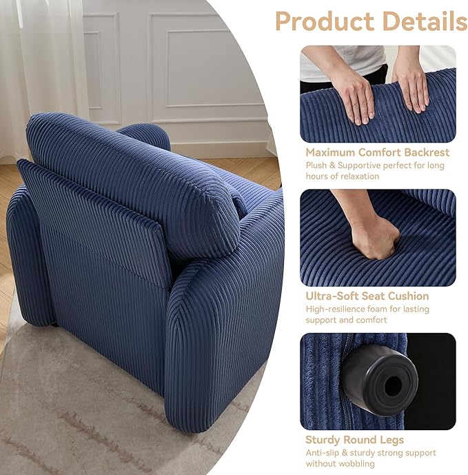 WUTUTUEE Corduroy Fabric Accent Chairs Set of 2, Modern Upholstered Living Room Chairs with Lumbar Pillow, Wide Comfy Leisure Armchair for Bedroom, Office, Reading, Blue