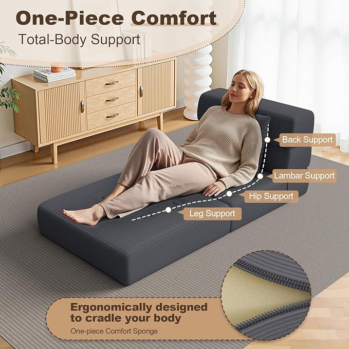 Folding Sofa Bed, Convertible Sleeper Chair & Couch Bed with Pillow, One-Piece High-Density Sponge Mattress, Multi-Purpose Corduroy Floor Sofa for Living Room, Office, Apartment, Grey, Single