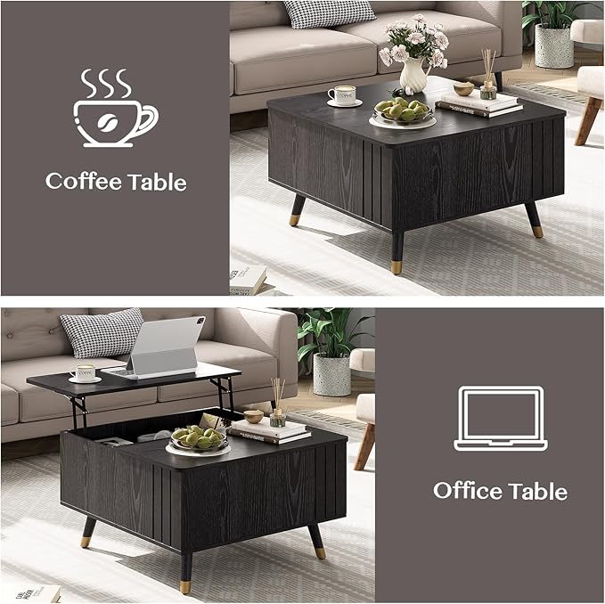 Black Lift Top Coffee Table with Storage, 32 Inch Mid Century Modern Square Center Table with Rising Top for Living Room