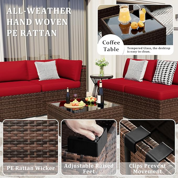Patio Furniture Set, 5 Pieces Outdoor Sectional Sofa Set, PE Wicker Rattan Slanted Back Outdoor Conversation Set with Cushions and Glass Coffee Table, Wine red