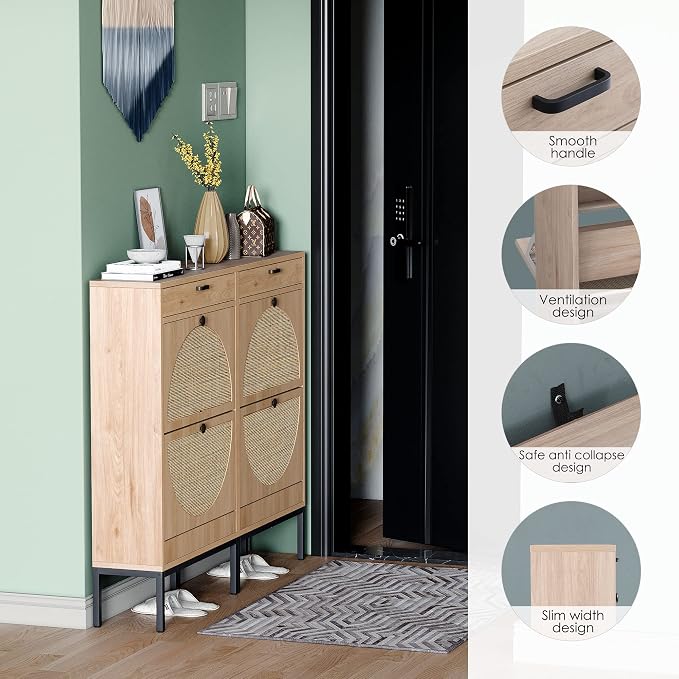 Yechen Shoe Rack Storage Organizer with 2 Natural Semi-Circular Rattan Doors, Entryway Wooden Shoe Cabinet for Sneakers, Leather Shoes, High Heels, Slippers (1 Piece, Oak) - Image 5