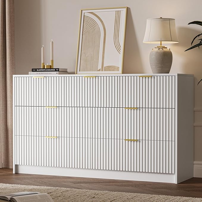 MAISONARIA 3-Piece Dresser Bedroom Set, 7 Drawer Dresser & 3 Drawer Nightstands with Gold Handles, Fluted Wood Chest of Drawers for Bedroom, Living Room, Entryway, White