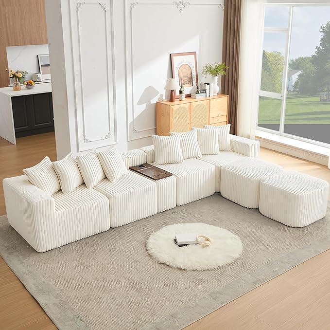 Oversized Cloud Modular Sectional Sofa Boneless Couch with Movable Ottomans,Free Combination Memory Foam Floor Couch with Charging Port & Cup Holders for Living Room | Coffee Table Board, Wireless Charge, No Assembly