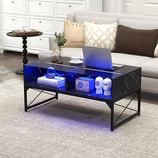 Giantex LED Coffee Table, High Gloss Coffee Tables with 4 Storage Cubes, 20-Color Lights, Remote Control, Faux Marble & Tempered Glass Top, Modern Accent Rectangle Center Table for Living Room (Black)