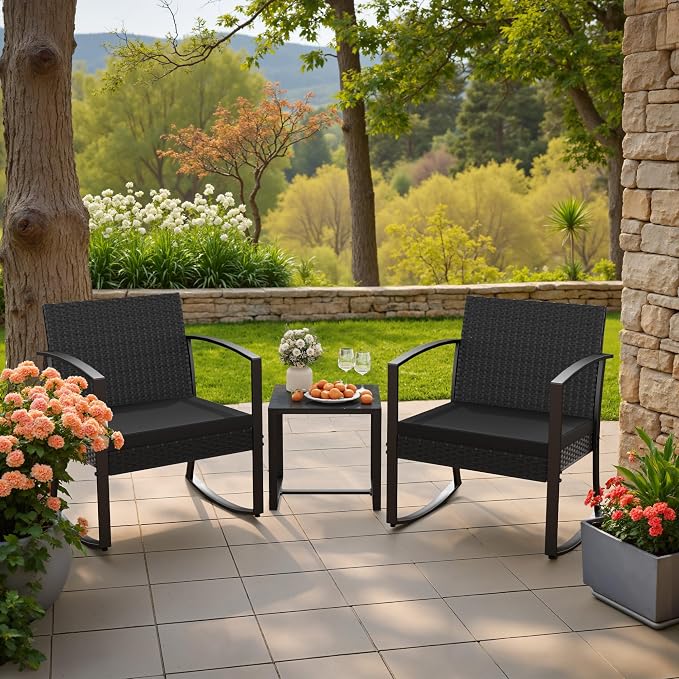 Homall Patio Furniture Set 3 Piece Resin Outdoor Bistro Set Rocking Patio Chairs with Cushions and Table for Porch, Poolside, Balcony and Yard (Black) - Image 6