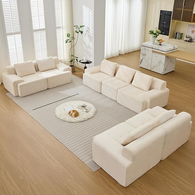Modular Sectional Sofa, Boneless Couches for Living Room, Corduroy Couch, Big Comfy Couch, Modular Cloud Sofa with Deep Seat (White, 7 Pieces-Rowshape 3 Side)