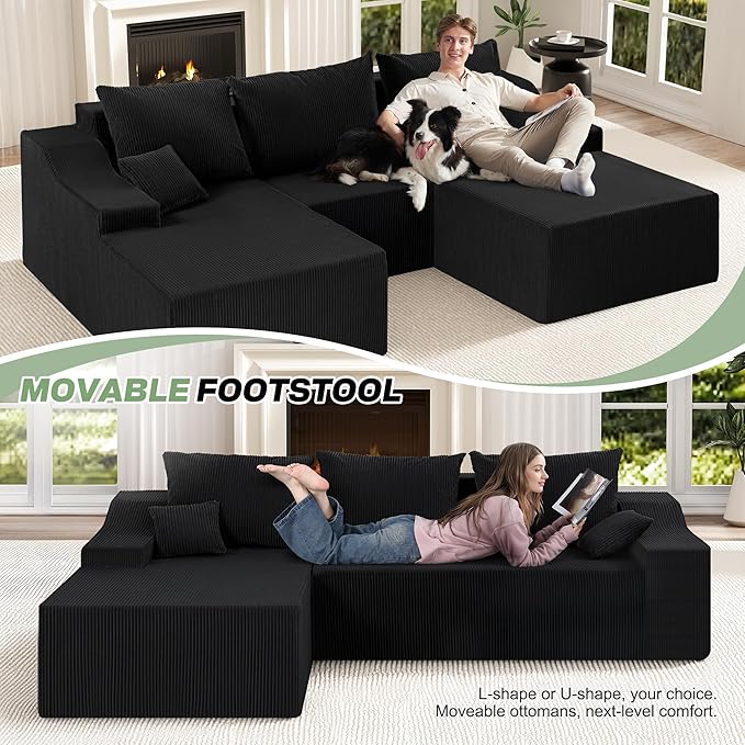HABUTWAY 94“ U Shaped Modular Sectional Couch for Living Room, Modular Cloud Sofa with Ottoman, No Assembly Boneless Couches with Deep Seat, Corduroy Fabric (Black, Left Facing)