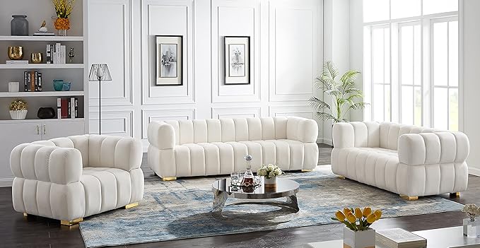 Meridian Furniture 670Cream-L Gwen Collection Modern | Contemporary Velvet Upholstered Loveseat with Deep Biscuit Tufting
